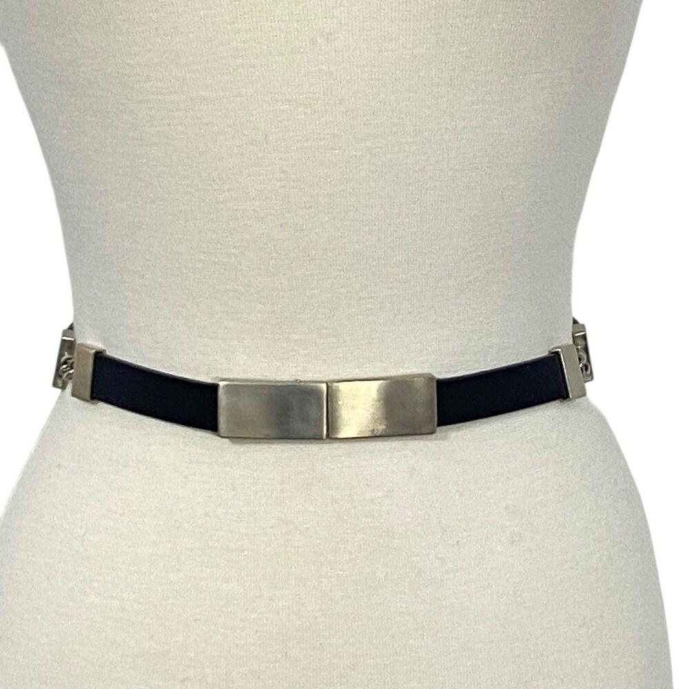 Vtg st john Black leather Silver Tone Buckle LARGE Narrow classic Careercore